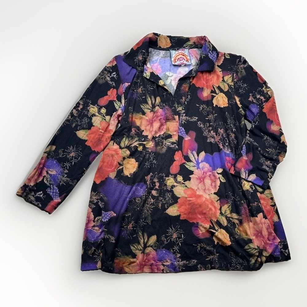 Johnny Was Bossa Nova Floral Swing Polo Top XS Black Purple Boho Chic